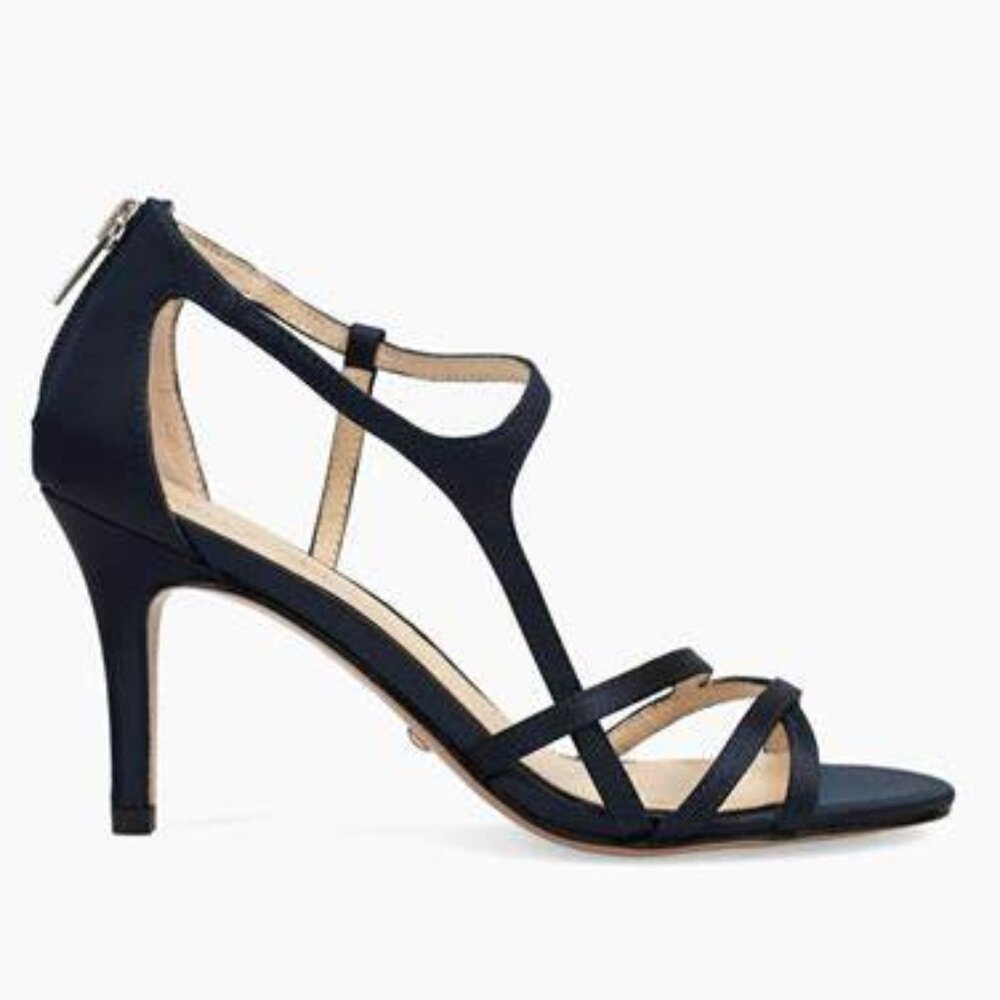 Pelle Moda Navy T‑Strap Stiletto Sandals